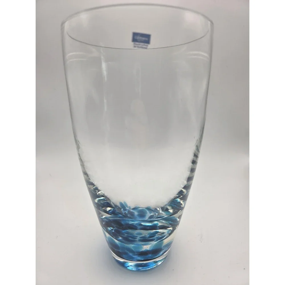 Caithness Scotland Art Glass Vase Blue Controlled Bubble Base Signed Label 9